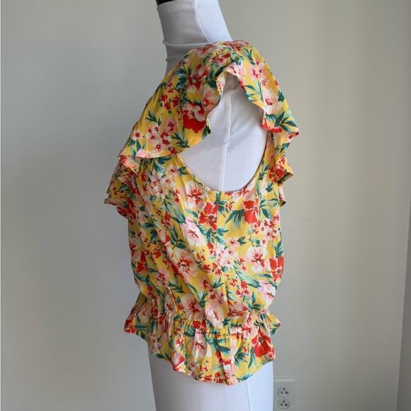 AMERICAN EAGLE YELLOW FLORAL ONE SHOULDER BLOUSE RUFFLE NECKLINE MEDIUM - Picture 5 of 7